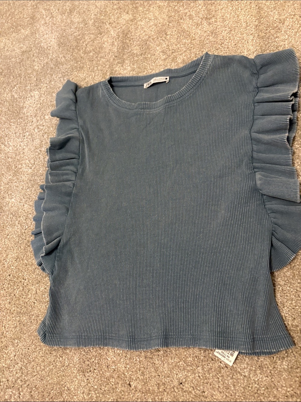 Zara Ruffle Sleeve Ribbed Top - Blue